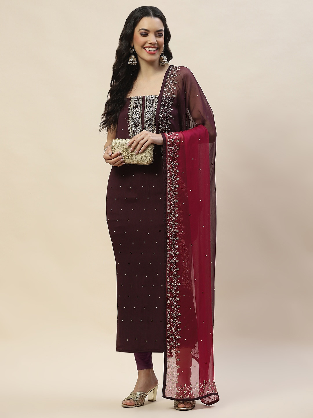 

Meena Bazaar Embellished Art Silk Unstitched Dress Material, Burgundy