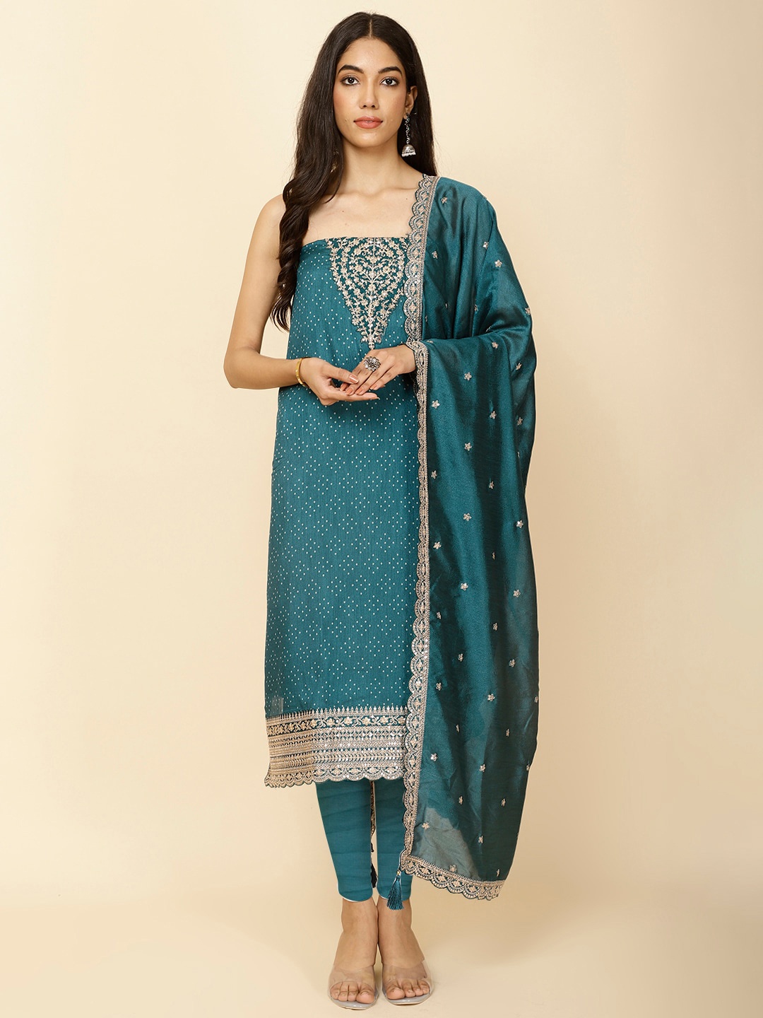

Meena Bazaar Polka Dots Printed Art Silk Unstitched Dress Material, Teal