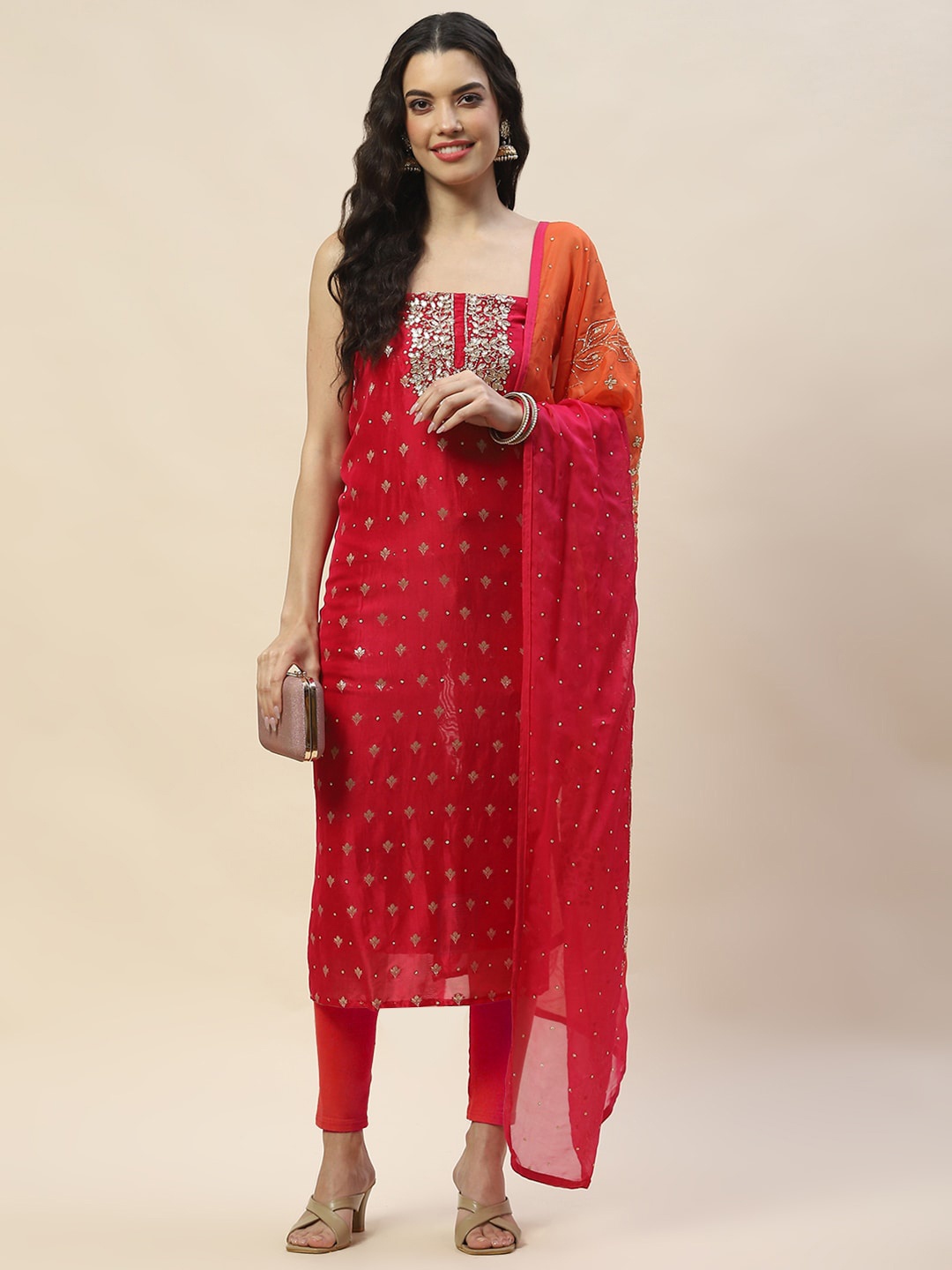 

Meena Bazaar Floral Woven Design Beads and Stones Unstitched Dress Material, Pink