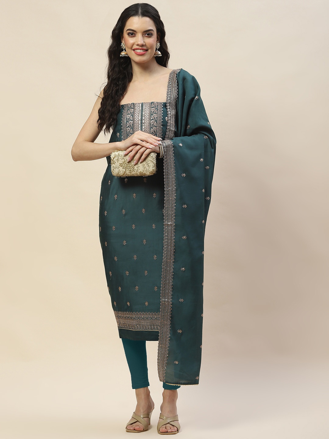 

Meena Bazaar Embroidered Art Silk Unstitched Dress Material, Green