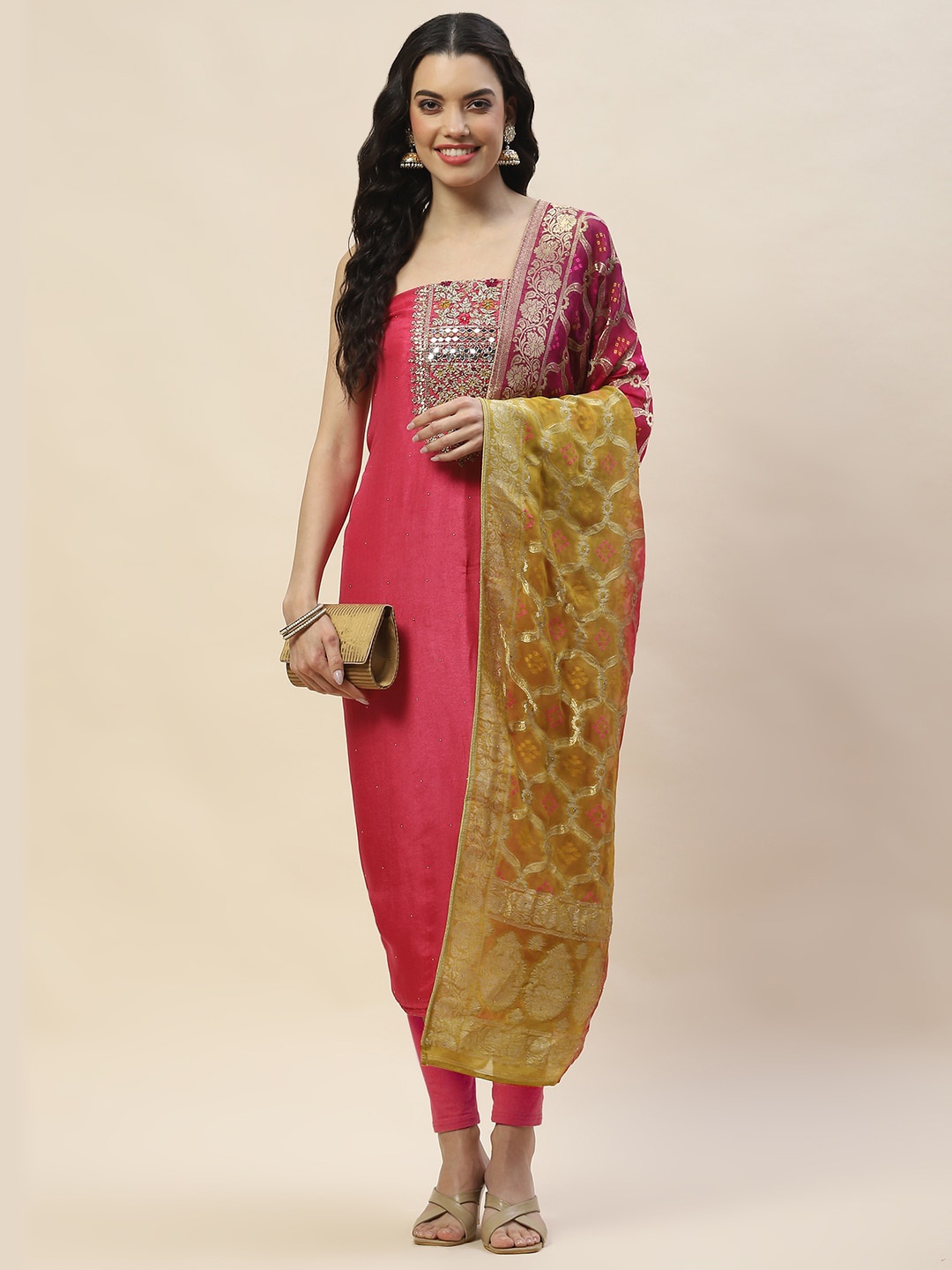 

Meena Bazaar Ethnic Motifs Woven Design Mirror Work Unstitched Dress Material, Pink