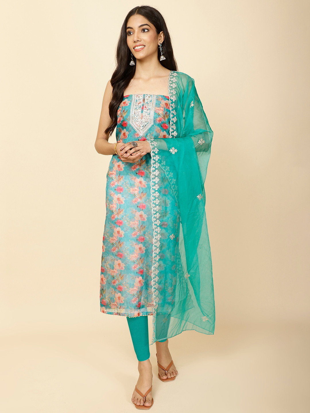 

Meena Bazaar Floral Printed Unstitched Dress Material, Sea green