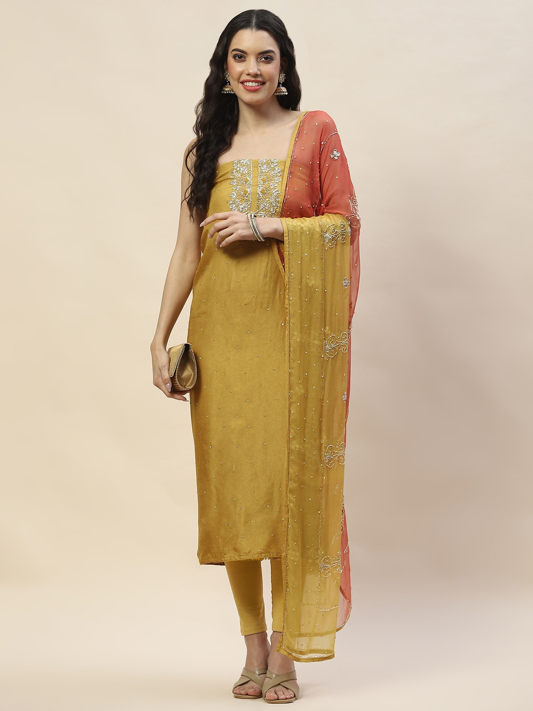 

Meena Bazaar Embroidered Art Silk Unstitched Dress Material, Mustard
