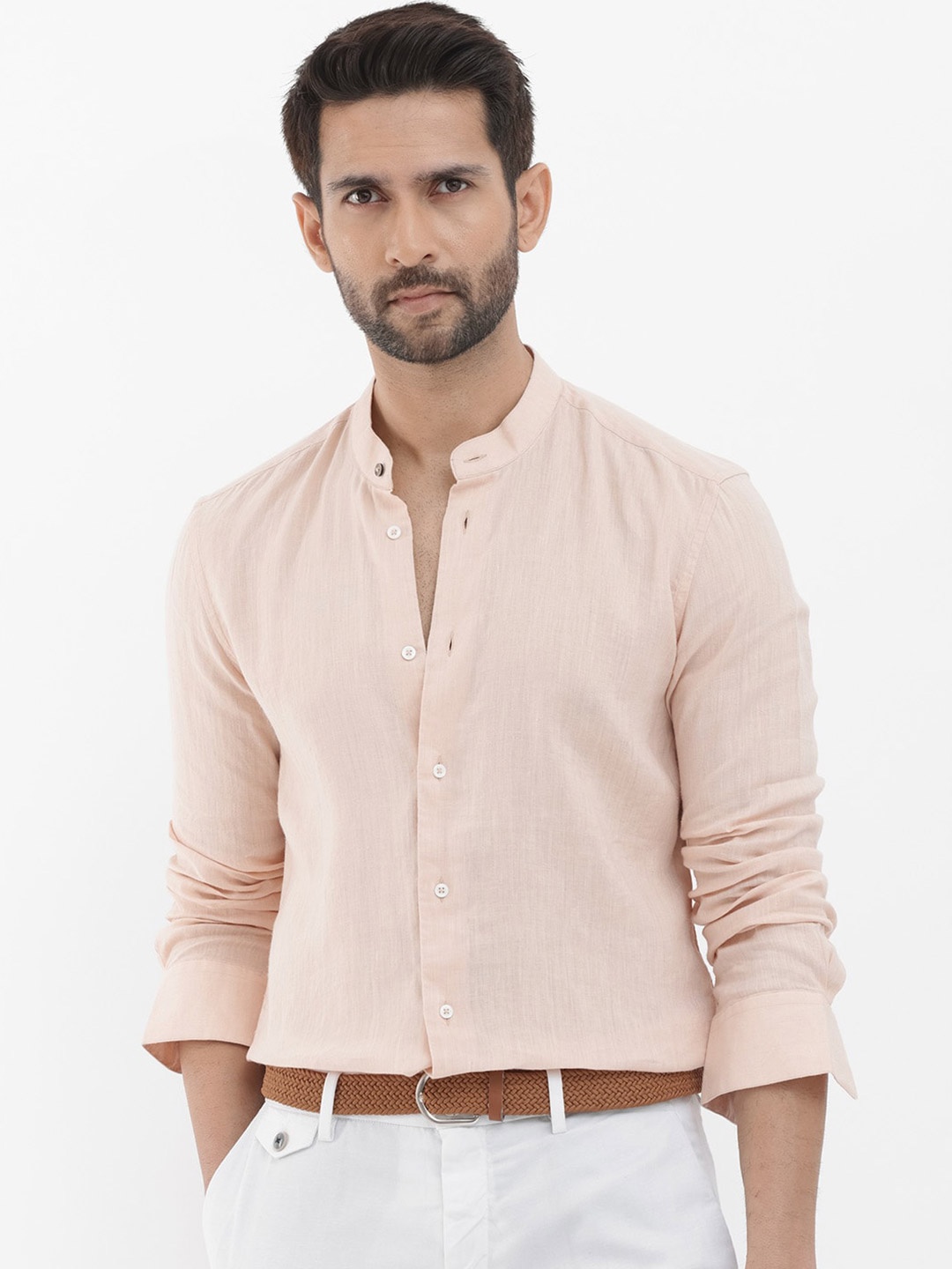 

RARE RABBIT Men Cinex Slim Fit Mandarin Collar Linen Shirt, Peach