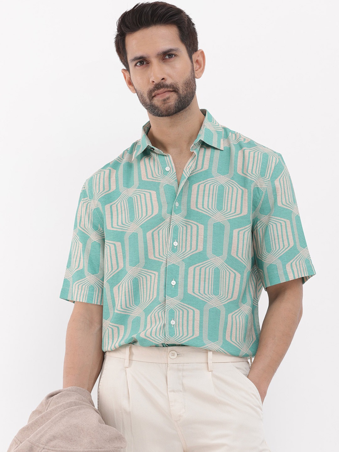 

RARE RABBIT Men Bomet Slim Fit Geometric Printed Shirt, Turquoise blue