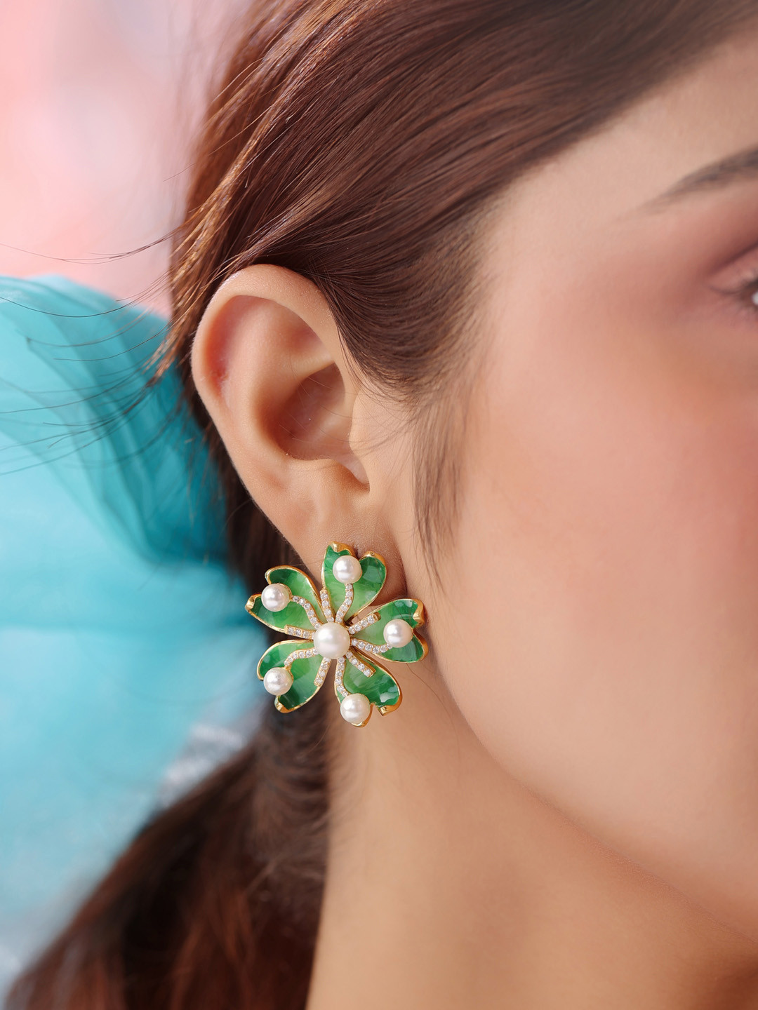 

Kicky And Perky Gold Plated Moissanite and Pearl Floral Shaped Studs