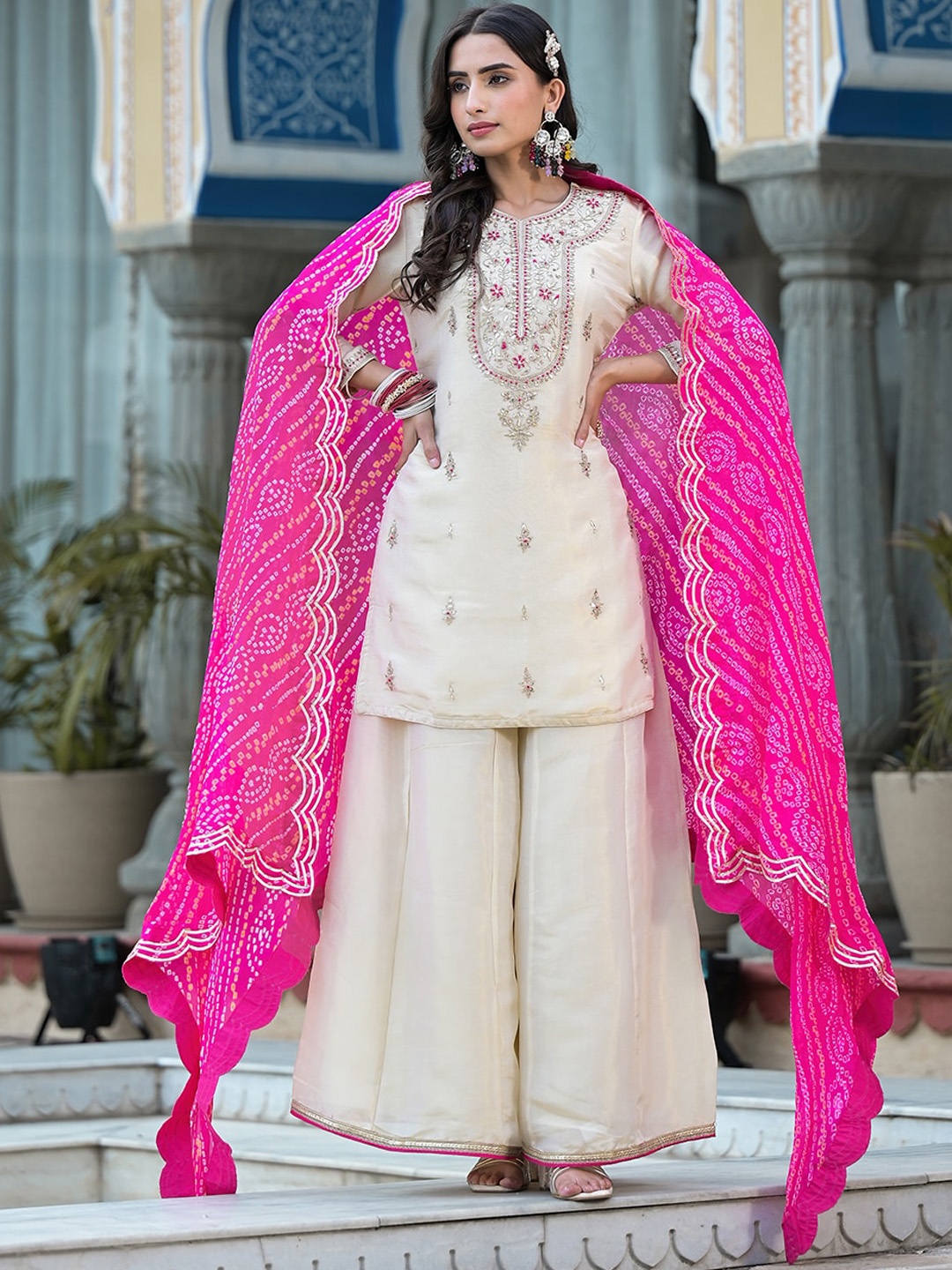 

Chandbaali Ethnic Motifs Embroidered Sequined Tissue Kurta With Palazzo & Dupatta, Cream