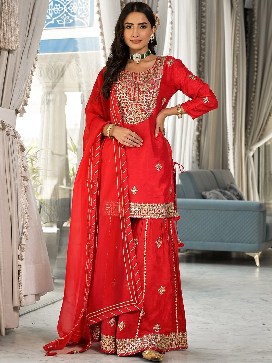 

Chandbaali Floral Embroidered Gotta Patti Pure Silk Kurta With Sharara & Dupatta, Red