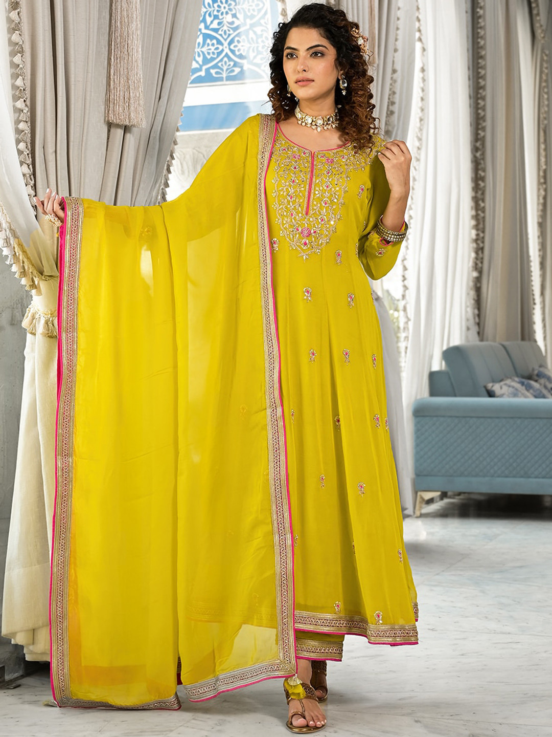 

Chandbaali Ethnic Motifs Embroidered Zardozi Georgette Kurta With Trousers & Dupatta, Yellow