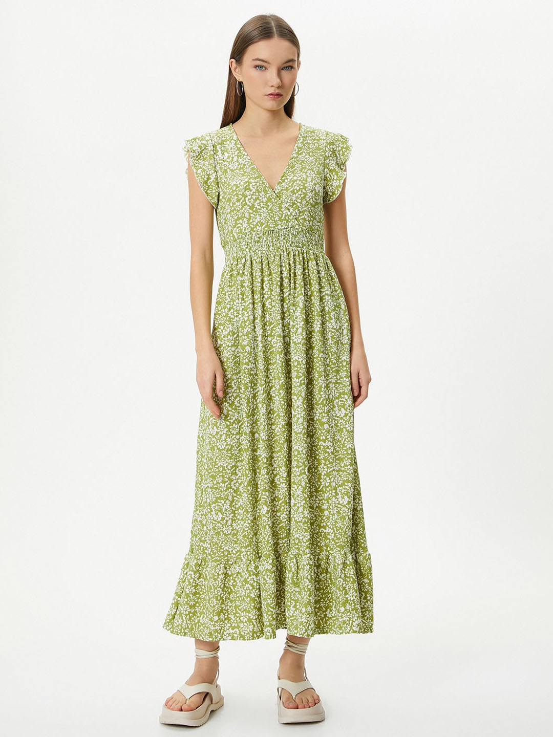 

Koton Floral Printed Smocked V-Neck Flutter Sleeves Maxi Fit & Flare Dress, Green