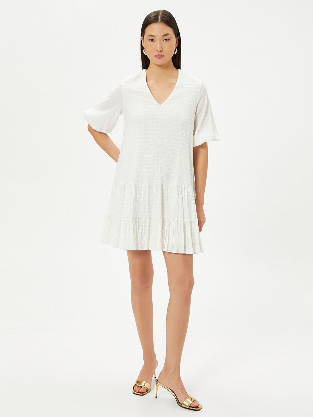 

Koton Self Design V-Neck Tiered Puff Sleeves A-Line Dress, White