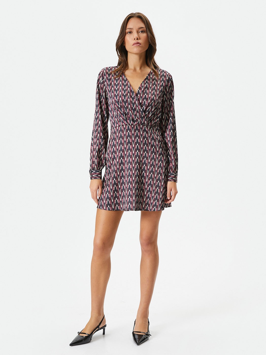 

Koton Geometric Printed Cuffed Sleeves Wrap Mini Dress, Brown