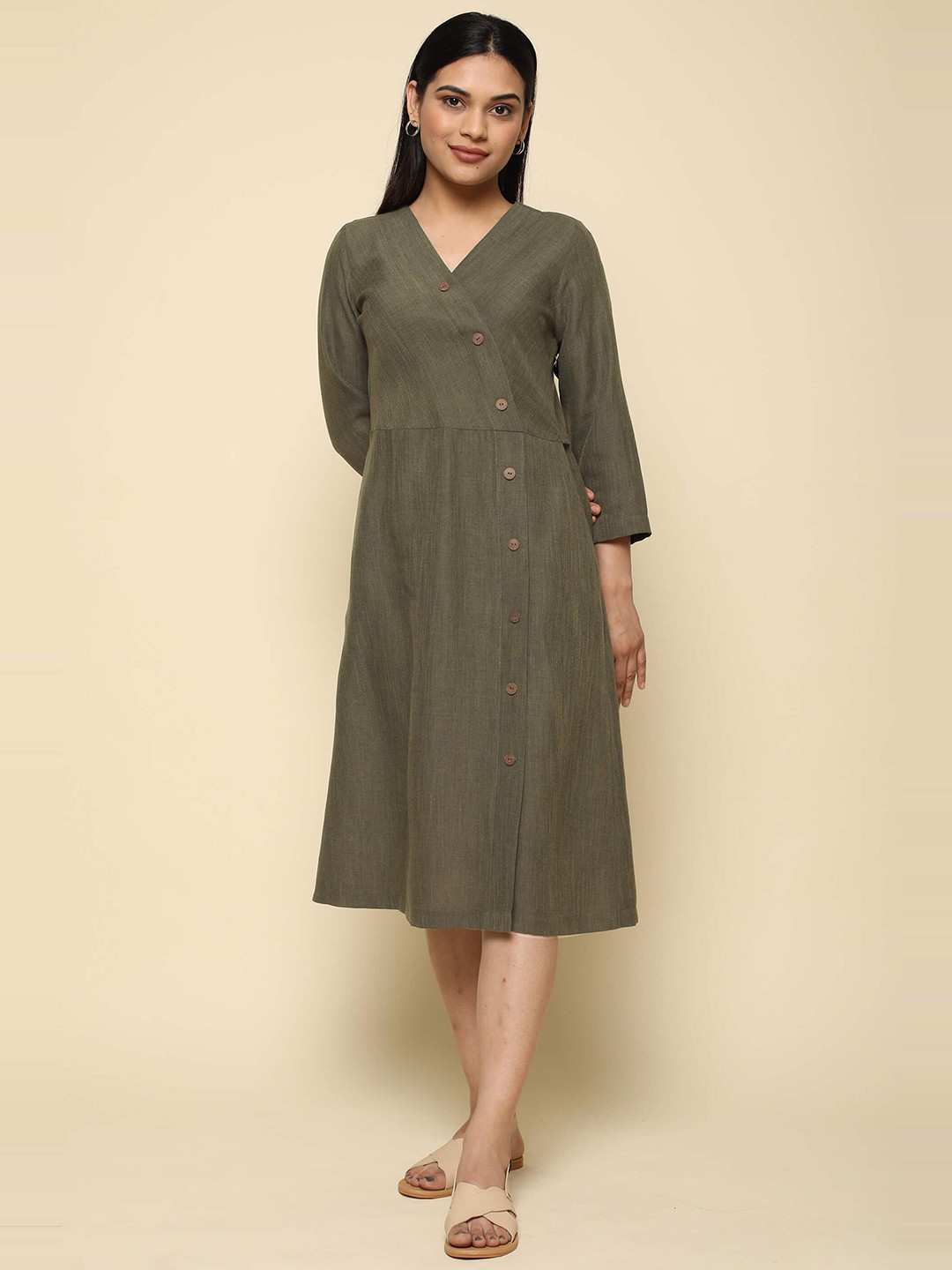 

SALT ATTIRE V-Neck Linen A-Line Midi Dress, Olive