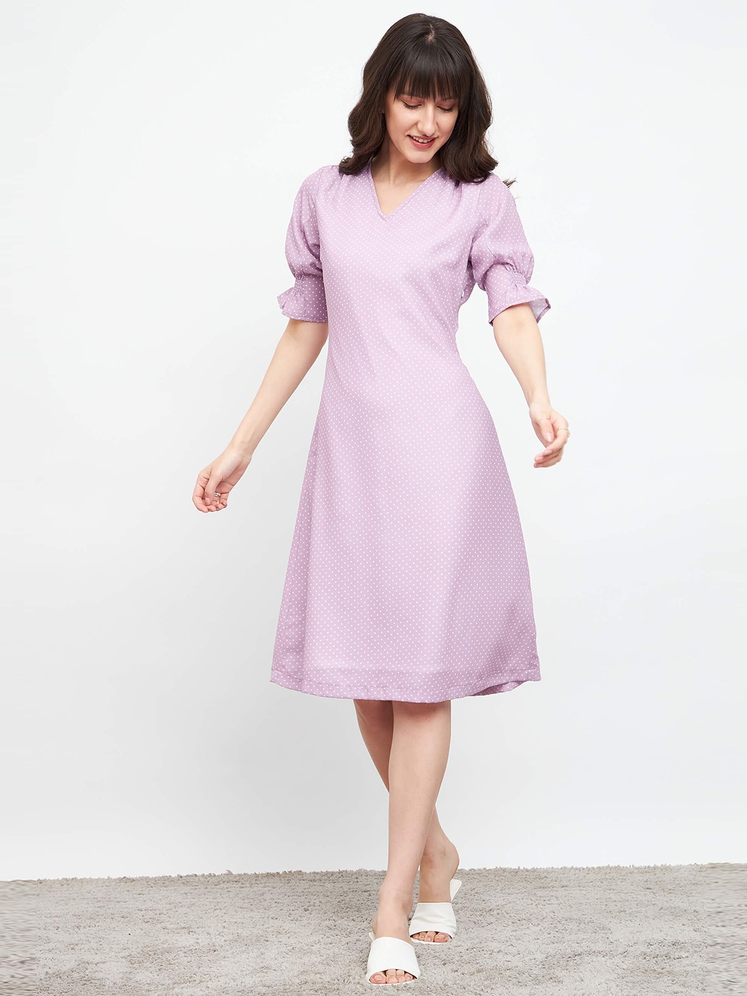 

SALT ATTIRE V-Neck Short Puff Sleeves A-Line Midi Dress, Purple