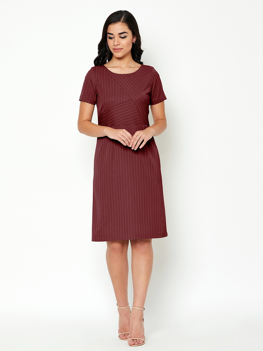 

SALT ATTIRE Boat Neck Short Sleeves Striped Sheath Dress, Maroon