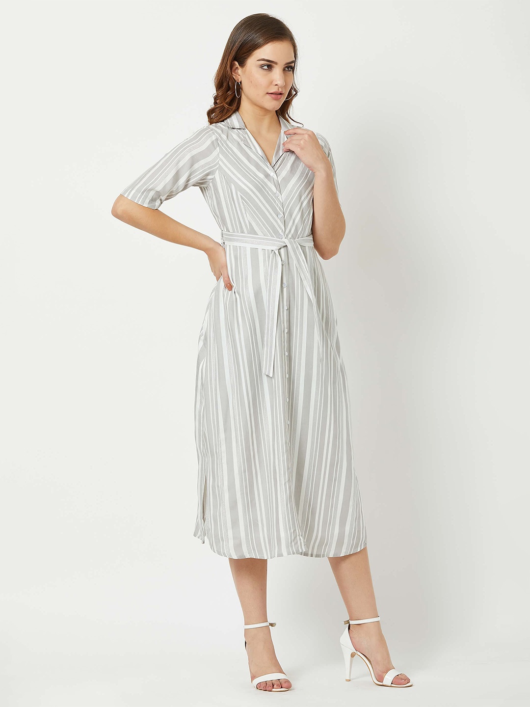 

SALT ATTIRE Striped A-Line Cotton Midi Dress, Grey