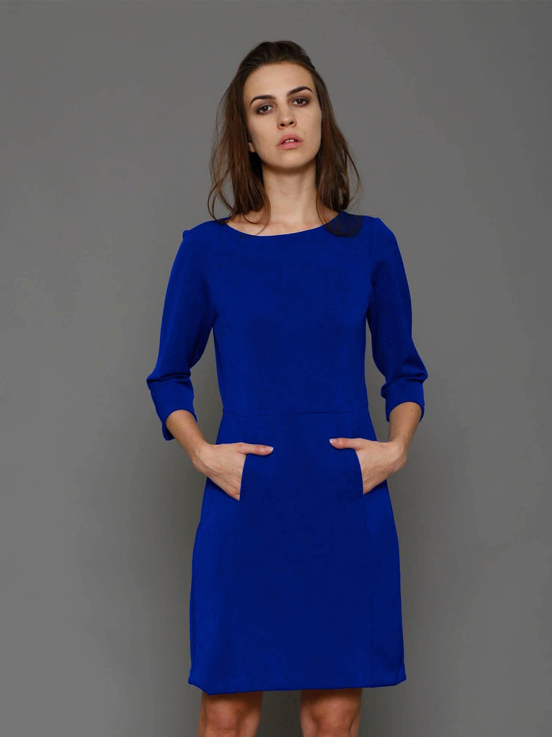 

SALT ATTIRE Round Neck Three Quarter Sleeves Above Knee A-Line Dress, Blue