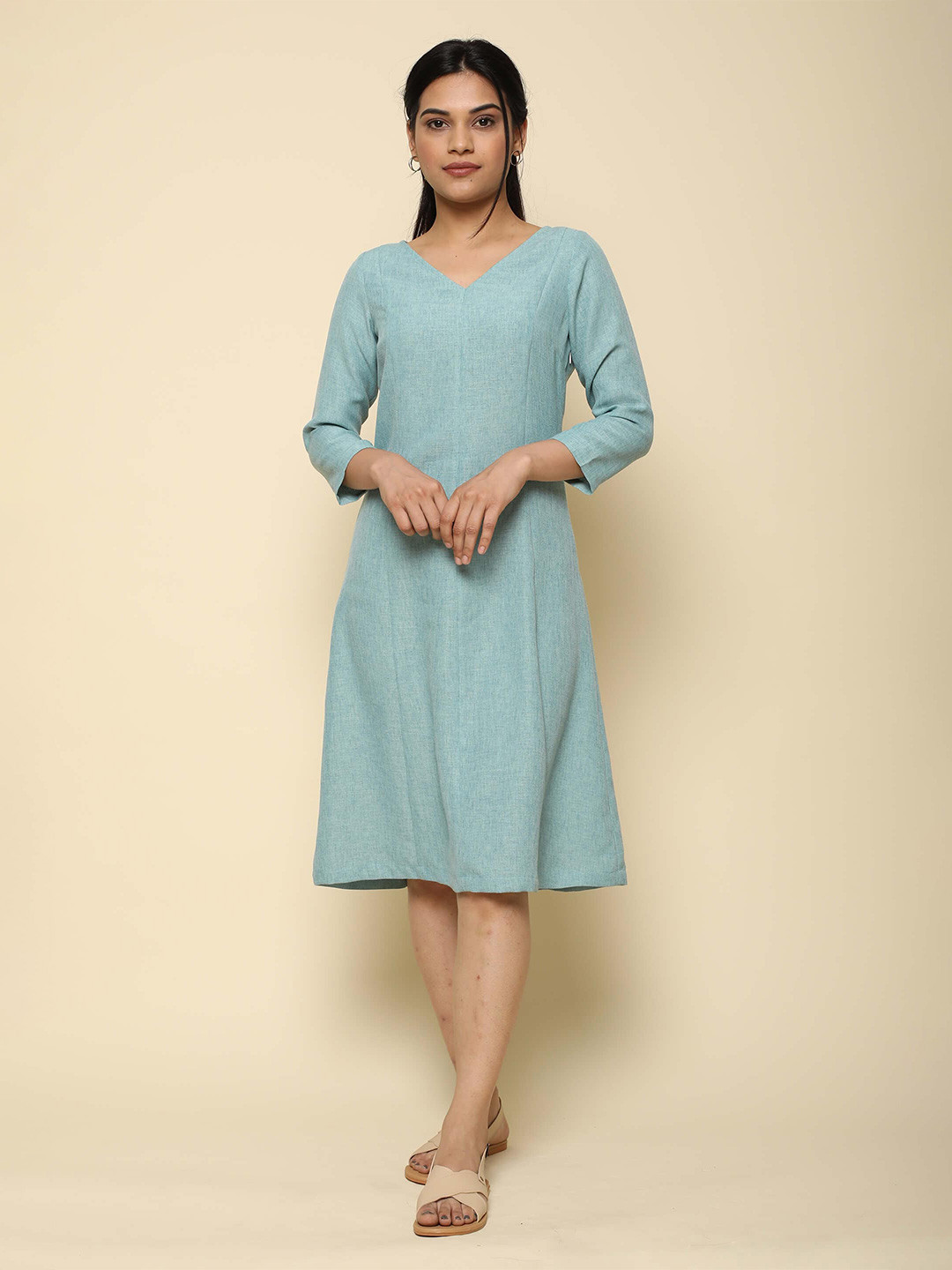 

SALT ATTIRE natsu Linen V Neck A Line Midi Dress, Green