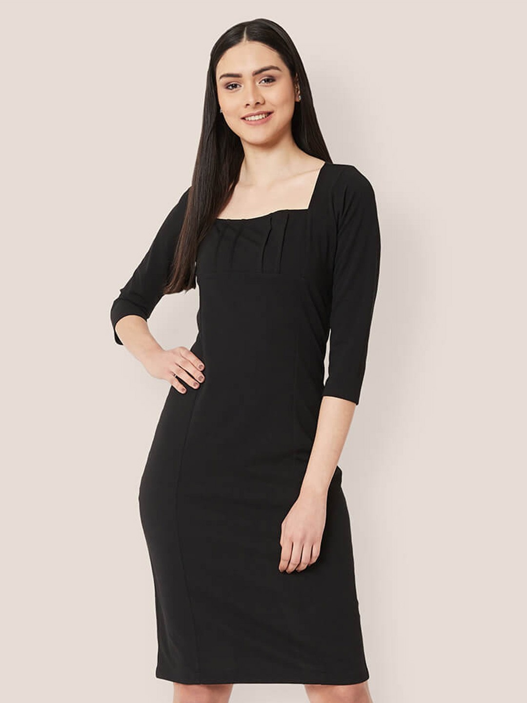 

SALT ATTIRE Square neck Three-quarter Sleeves Sheath Dress, Black