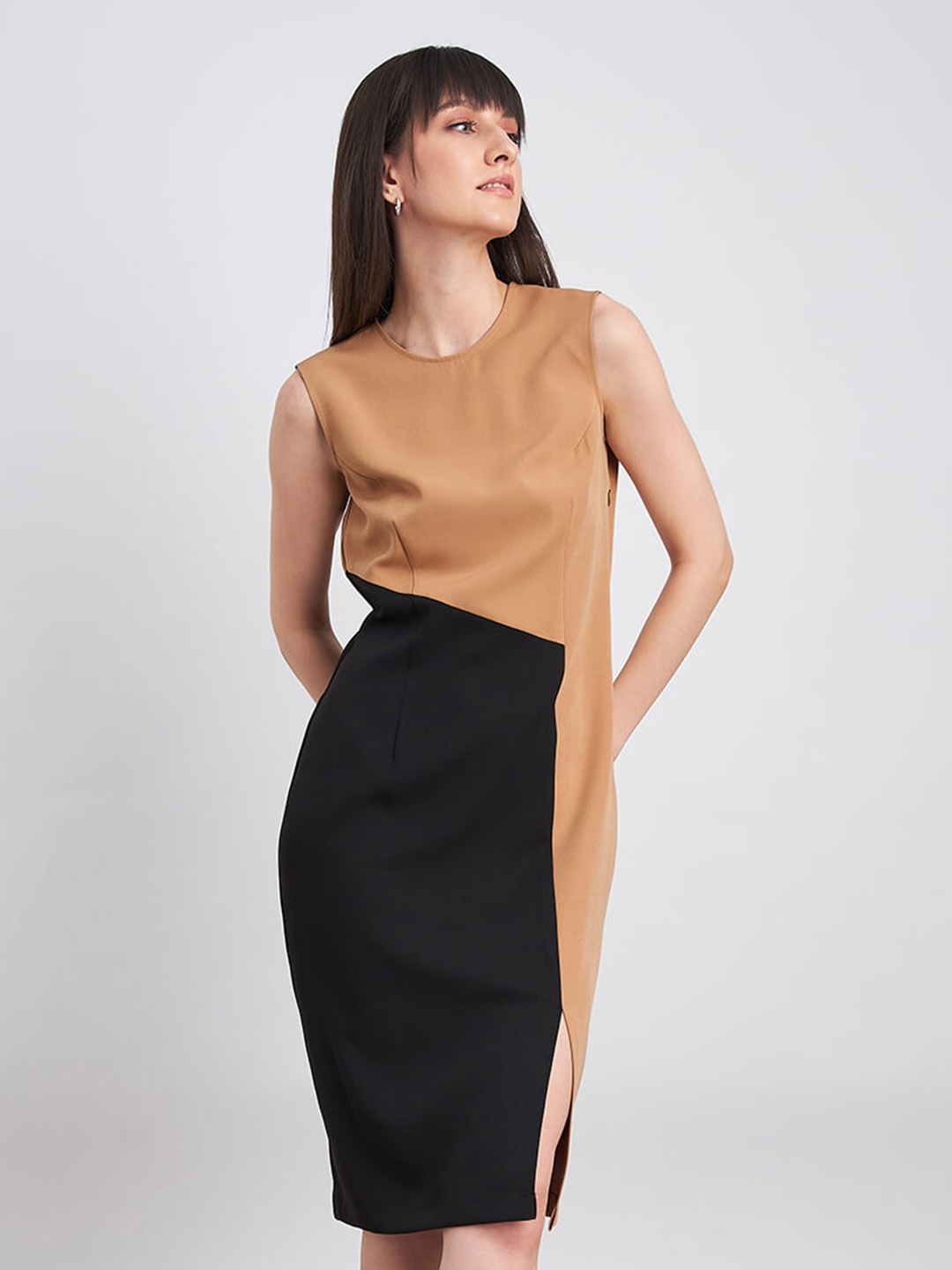 

SALT ATTIRE Off-Shoulder Sheath Midi Dress, Beige