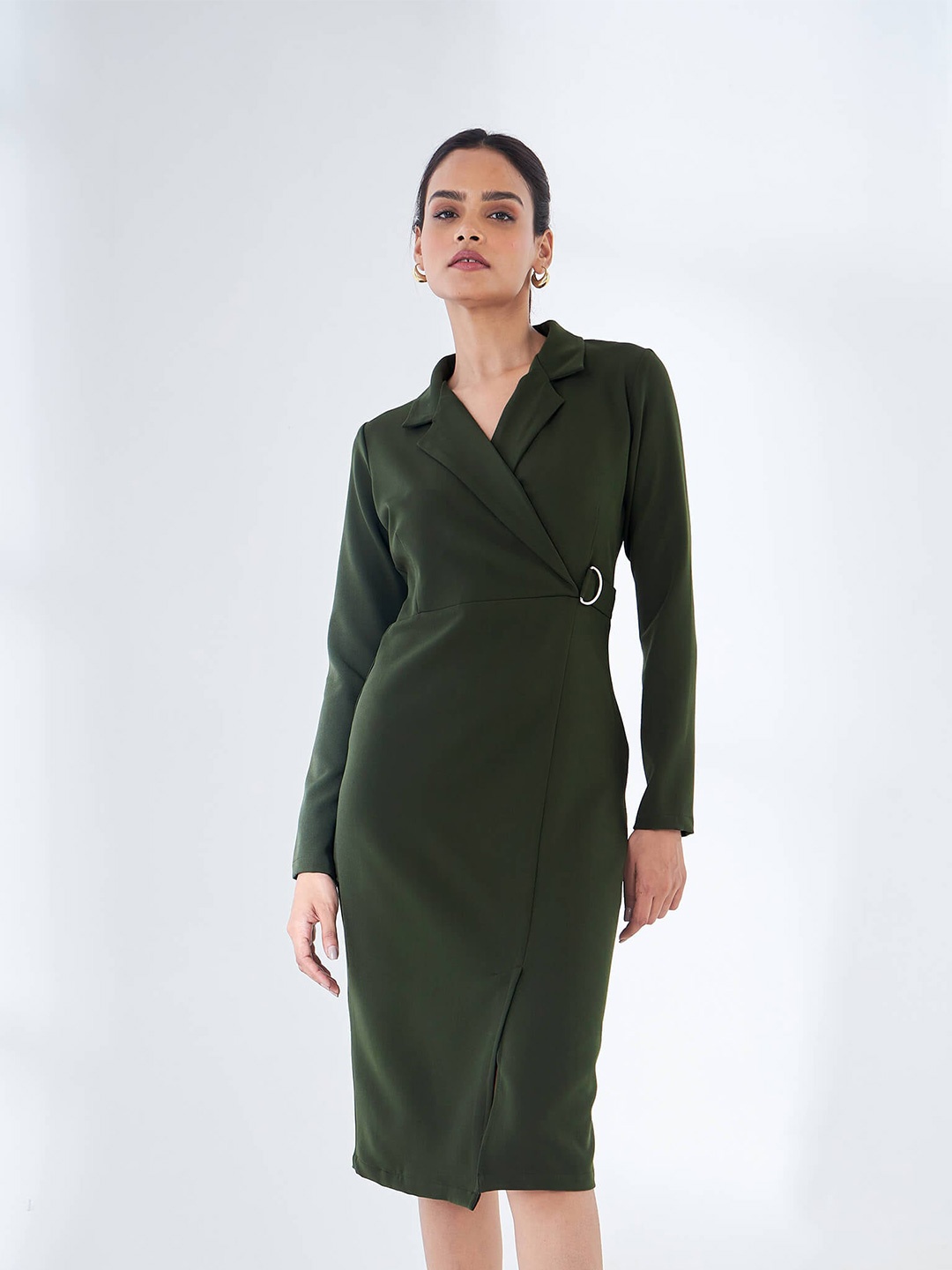 

SALT ATTIRE Lapel Collar Long Sleeves Knee Length Sheath Dress, Olive