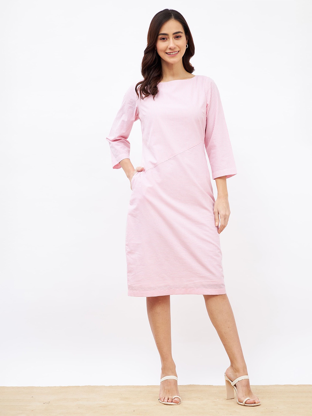 

SALT ATTIRE Striped Boat Neck Cotton A-Line Knee Length Dress, Pink