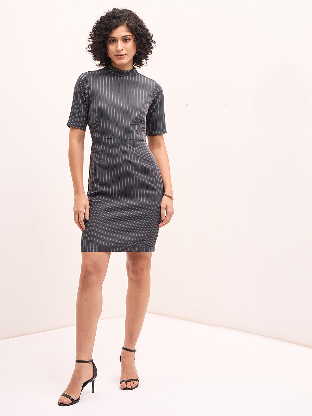 

SALT ATTIRE Striped High Neck Short Sleeves Shirt Dress, Grey