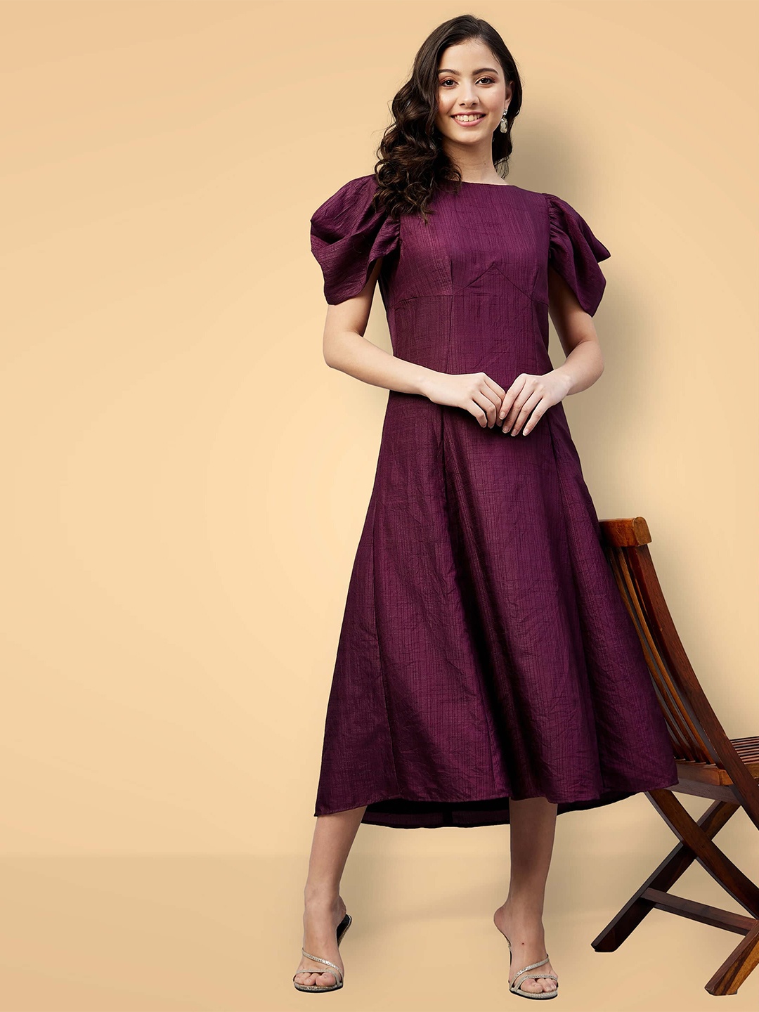 

SALT ATTIRE Boat Neck Puff Sleeves A-Line Midi Dress, Burgundy