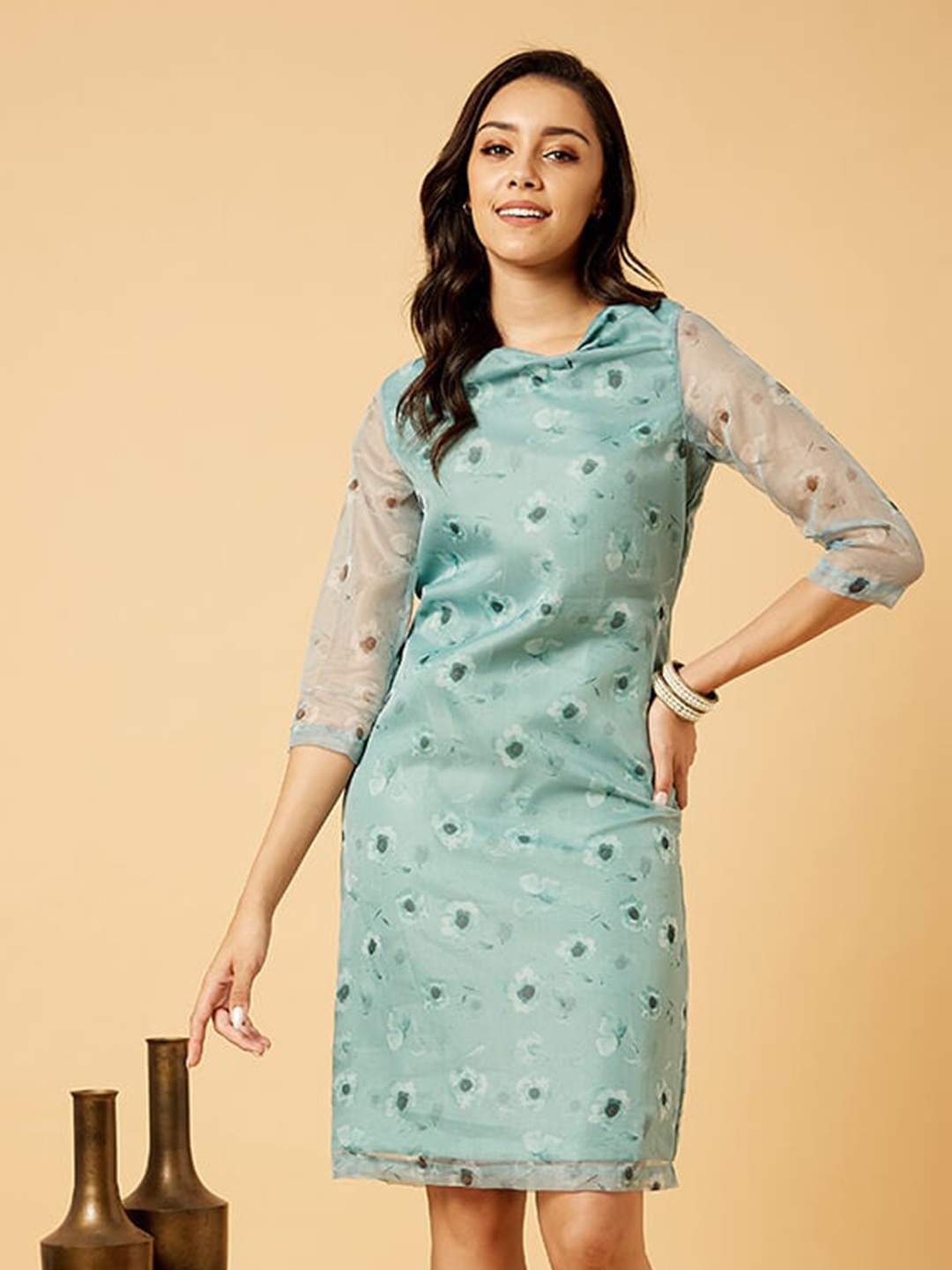 

SALT ATTIRE Floral Printed Round Neck Three Quarter Sleeves Firoza Bow Detail Sheath Dress, Green