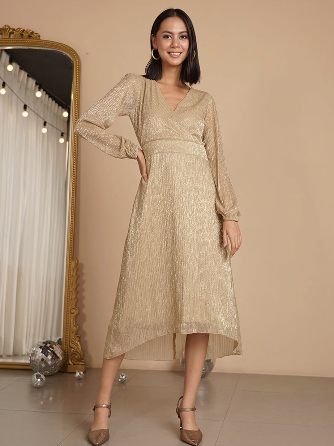 

SALT ATTIRE V-Neck Long cuffed sleeves A-Line Midi Dress, Gold