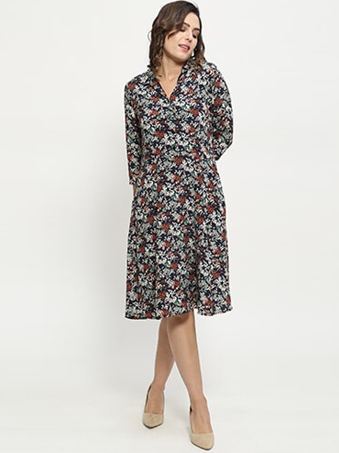

SALT ATTIRE Floral Printed Shirt Collar Shirt Dress, Navy blue