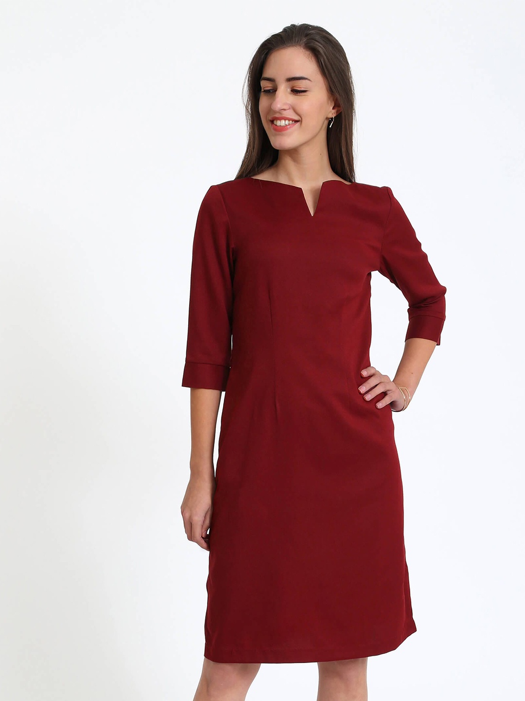 

SALT ATTIRE Notch Neck A- line Dress, Maroon