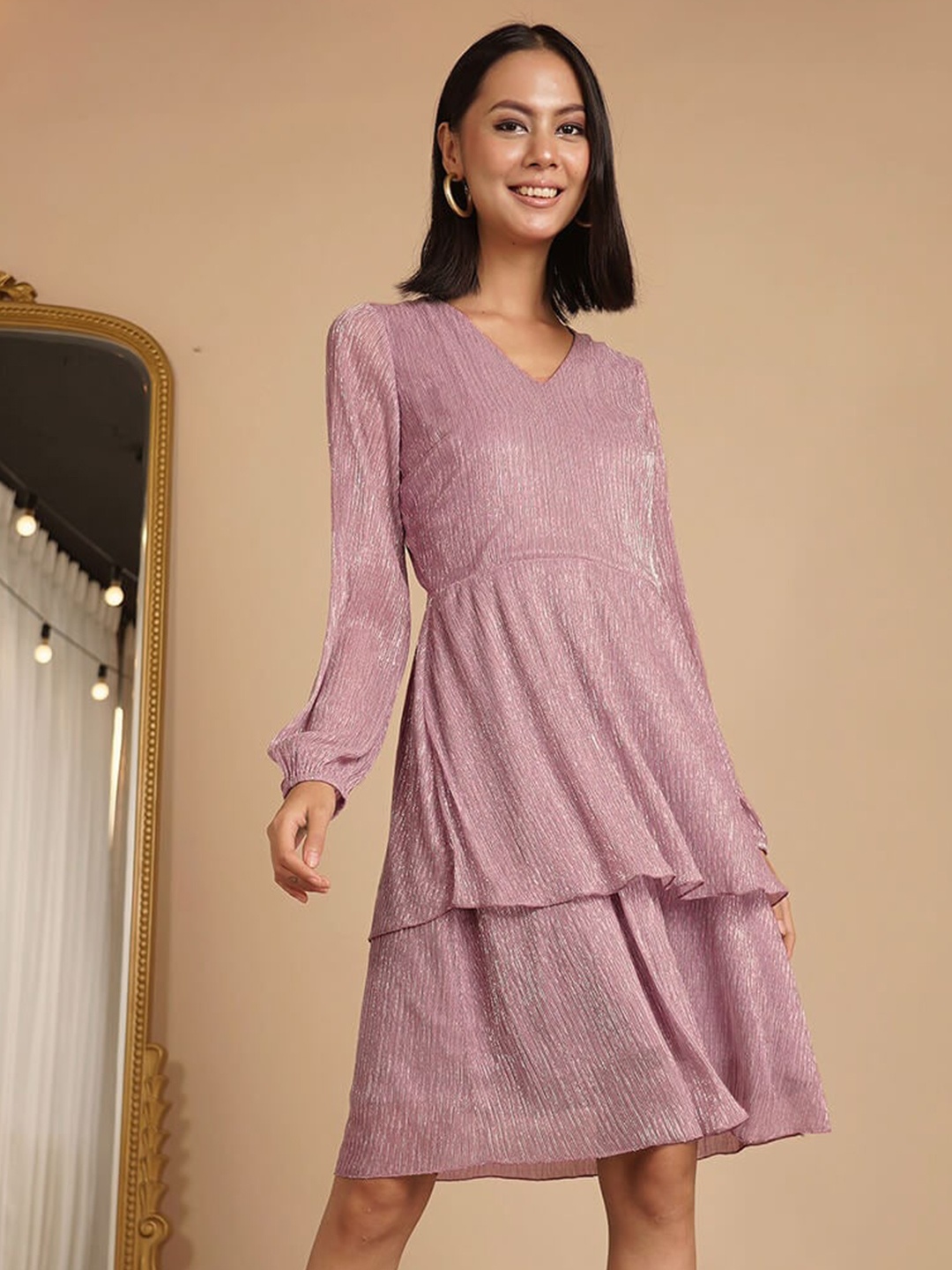 

SALT ATTIRE groove Puff Sleeve V Neck A Line Dress, Pink