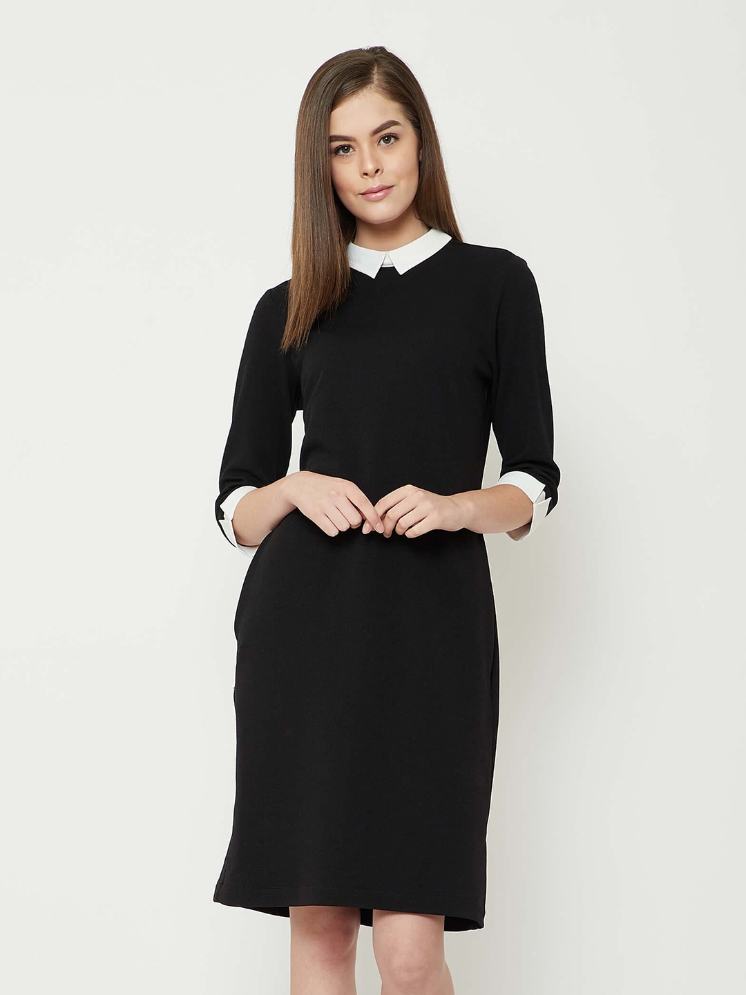 

SALT ATTIRE Shirt Collar Three-quarter Sleeves Sheath Dress, Black