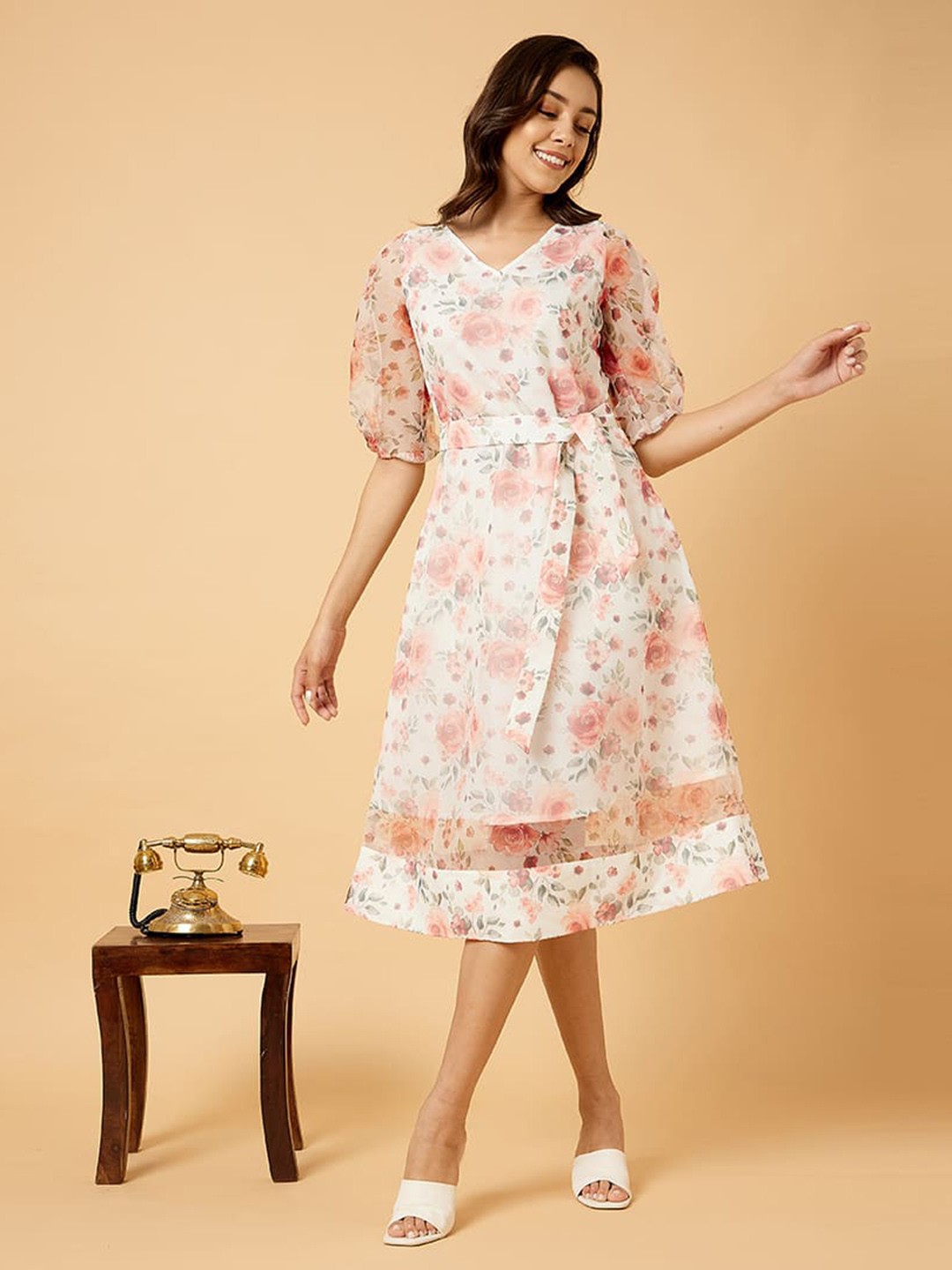 

SALT ATTIRE reza Floral Printed V Neck A Line Midi Dress, White