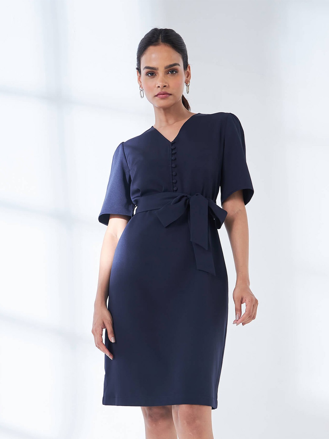 

SALT ATTIRE V Neck Bell Sleeves Tie Ups Knee Length A-Line Dress, Navy blue