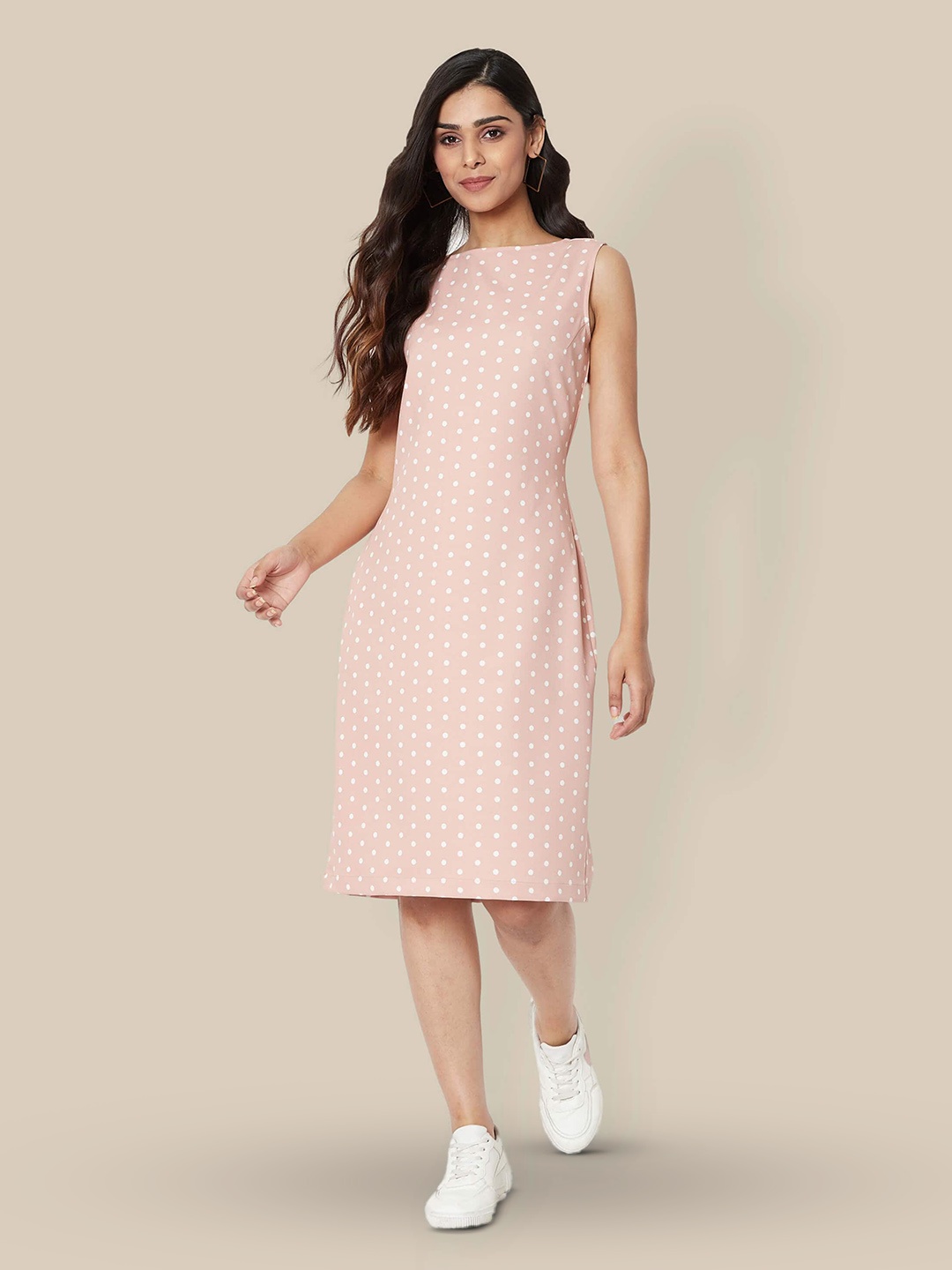 

SALT ATTIRE moyo Polka Dots Printed Boat Neck A Line Dress, Peach