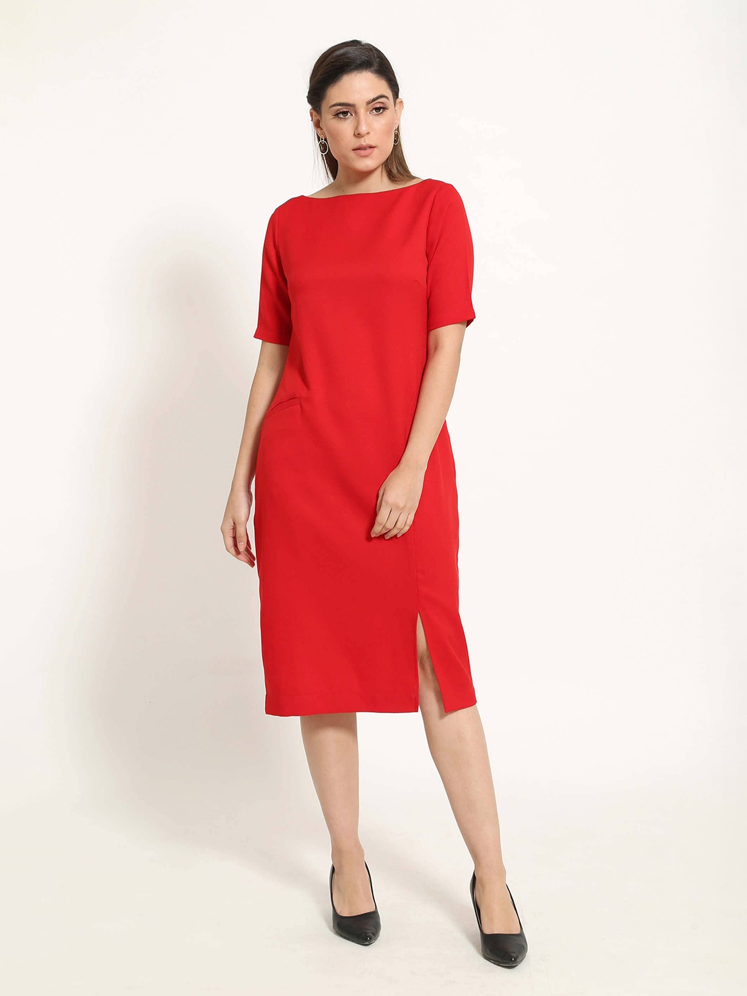 

SALT ATTIRE Boat Neck Short Sleeves A-Line Midi Dress, Red