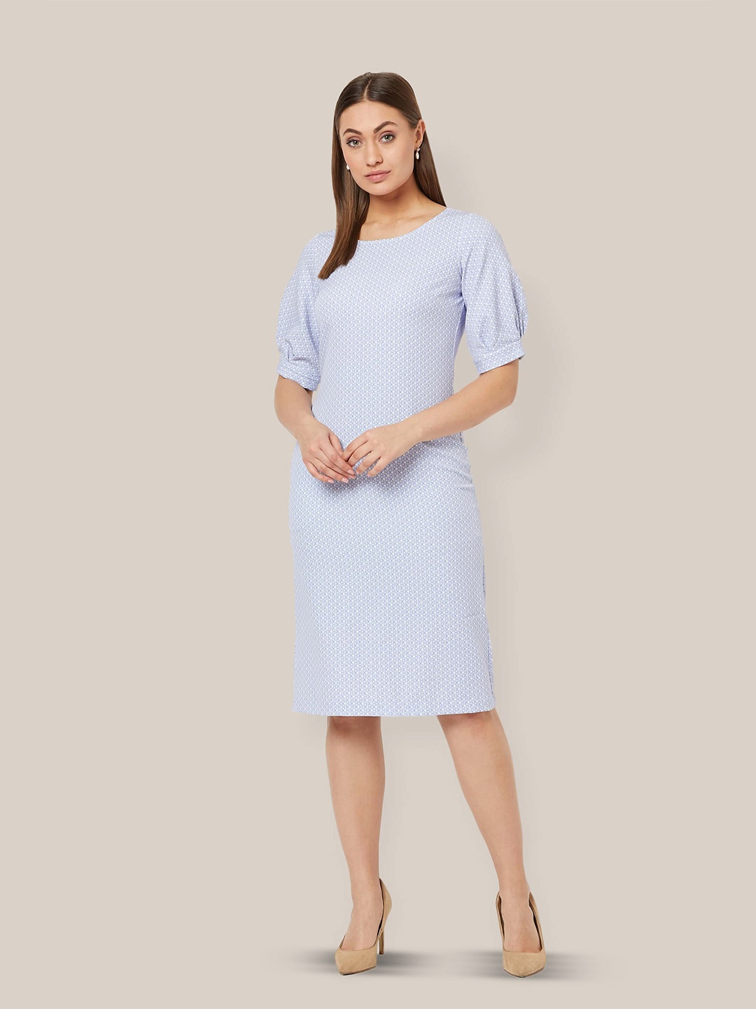 

SALT ATTIRE Geometric Printed Puff Sleeve Sheath Midi Dress, Blue