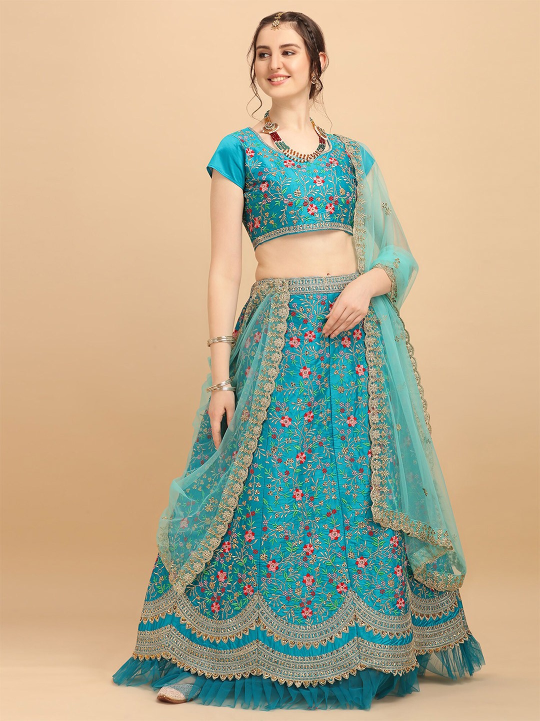 

Bhavyam Embroidered Thread Work Semi-Stitched Lehenga & Unstitched Blouse With Dupatta, Turquoise blue