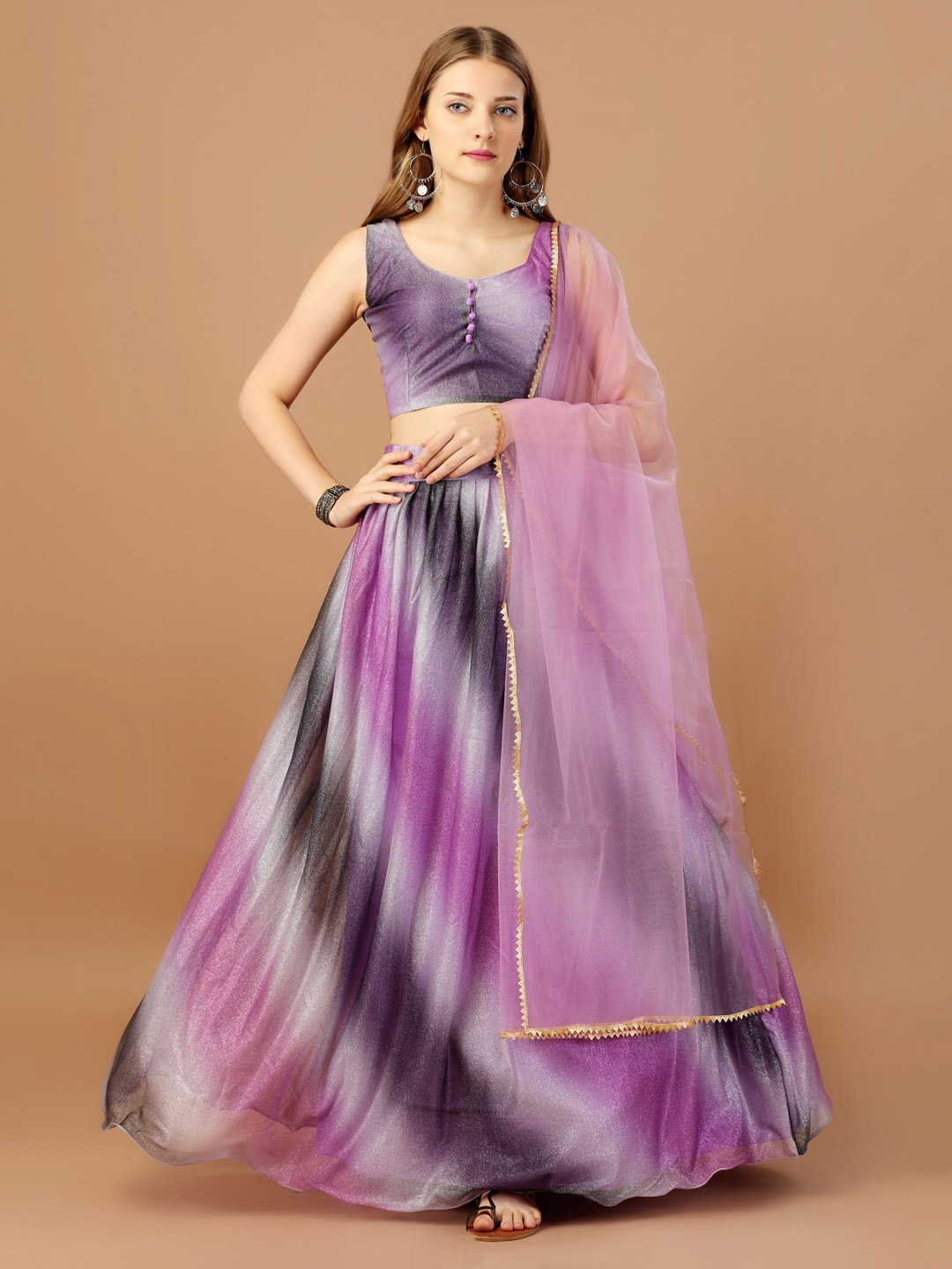 

Bhavyam Printed Semi-Stitched Lehenga & Unstitched Blouse With Dupatta, Purple