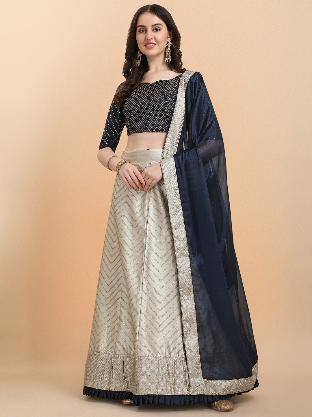 

Bhavyam Embroidered Thread Work Semi-Stitched Lehenga & Unstitched Blouse With Dupatta, Cream