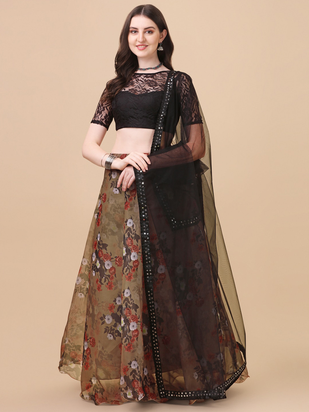 

Bhavyam Floral Printed Organza Semi-Stitched Lehenga & Unstitched Blouse With Dupatta, Brown