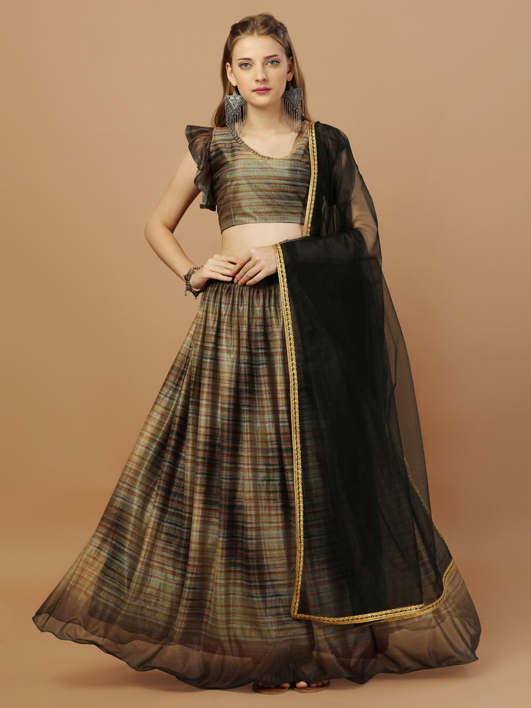 

Bhavyam Striped Satin Semi-Stitched Lehenga & Unstitched Blouse With Dupatta, Brown