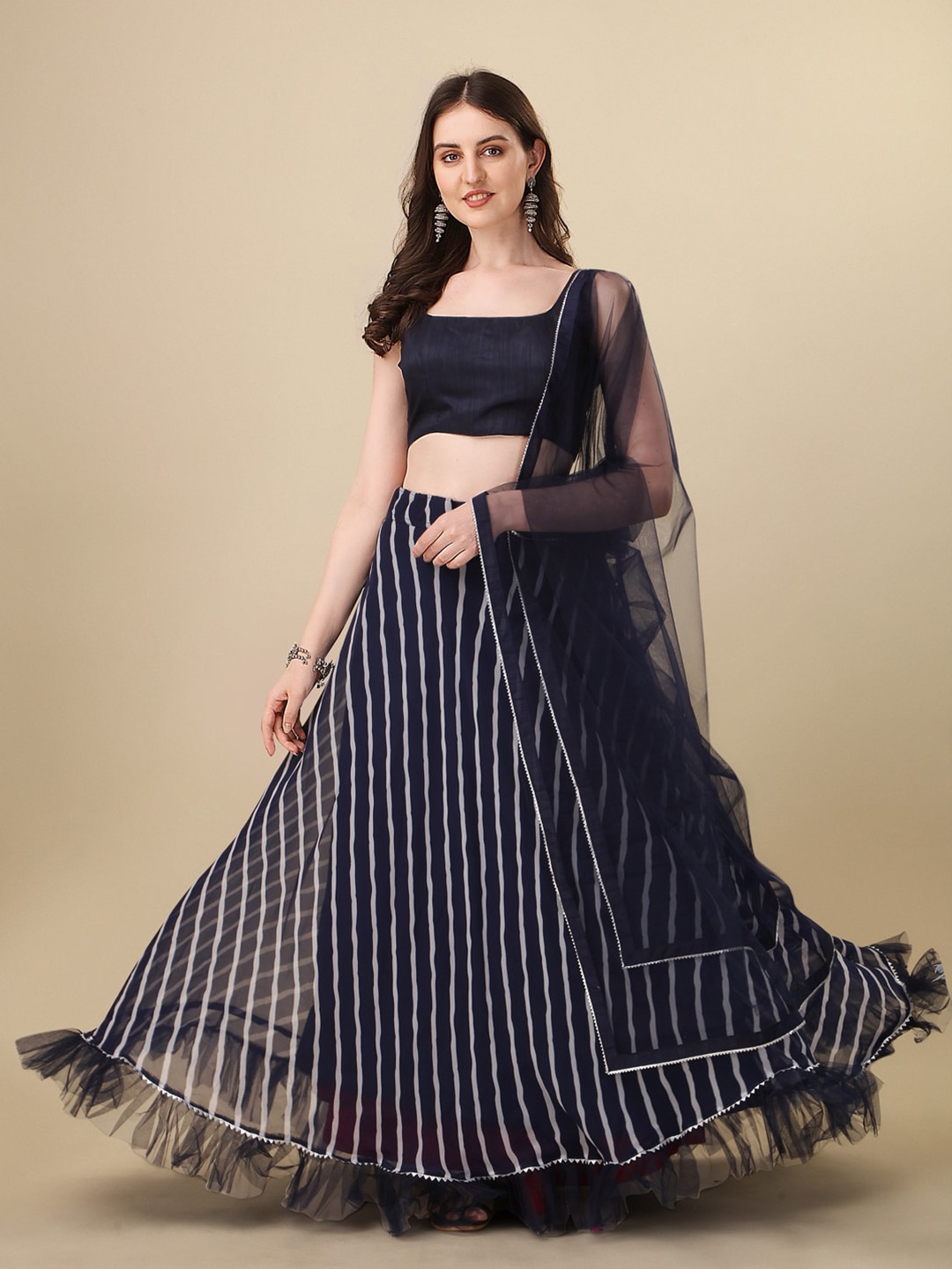 

Bhavyam Striped Semi-Stitched Lehenga & Unstitched Blouse With Dupatta, Blue