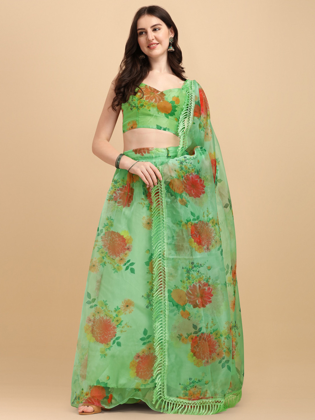 

Bhavyam Floral Printed Semi-Stitched Lehenga & Unstitched Blouse With Dupatta, Green