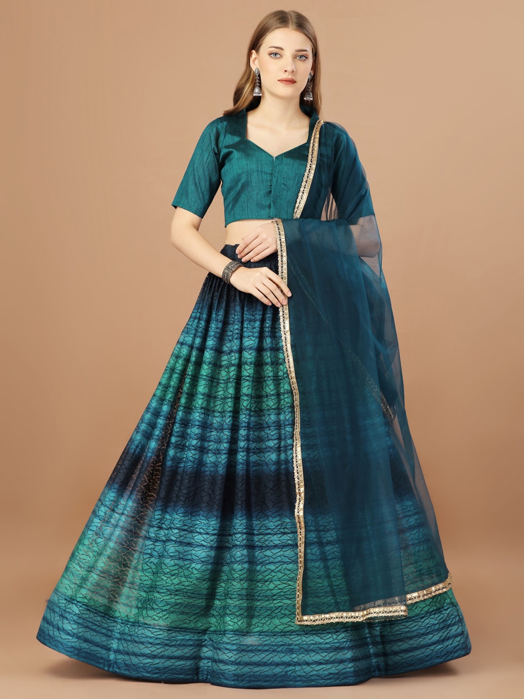 

Bhavyam Abstract Printed Semi-Stitched Lehenga & Unstitched Blouse With Dupatta, Teal