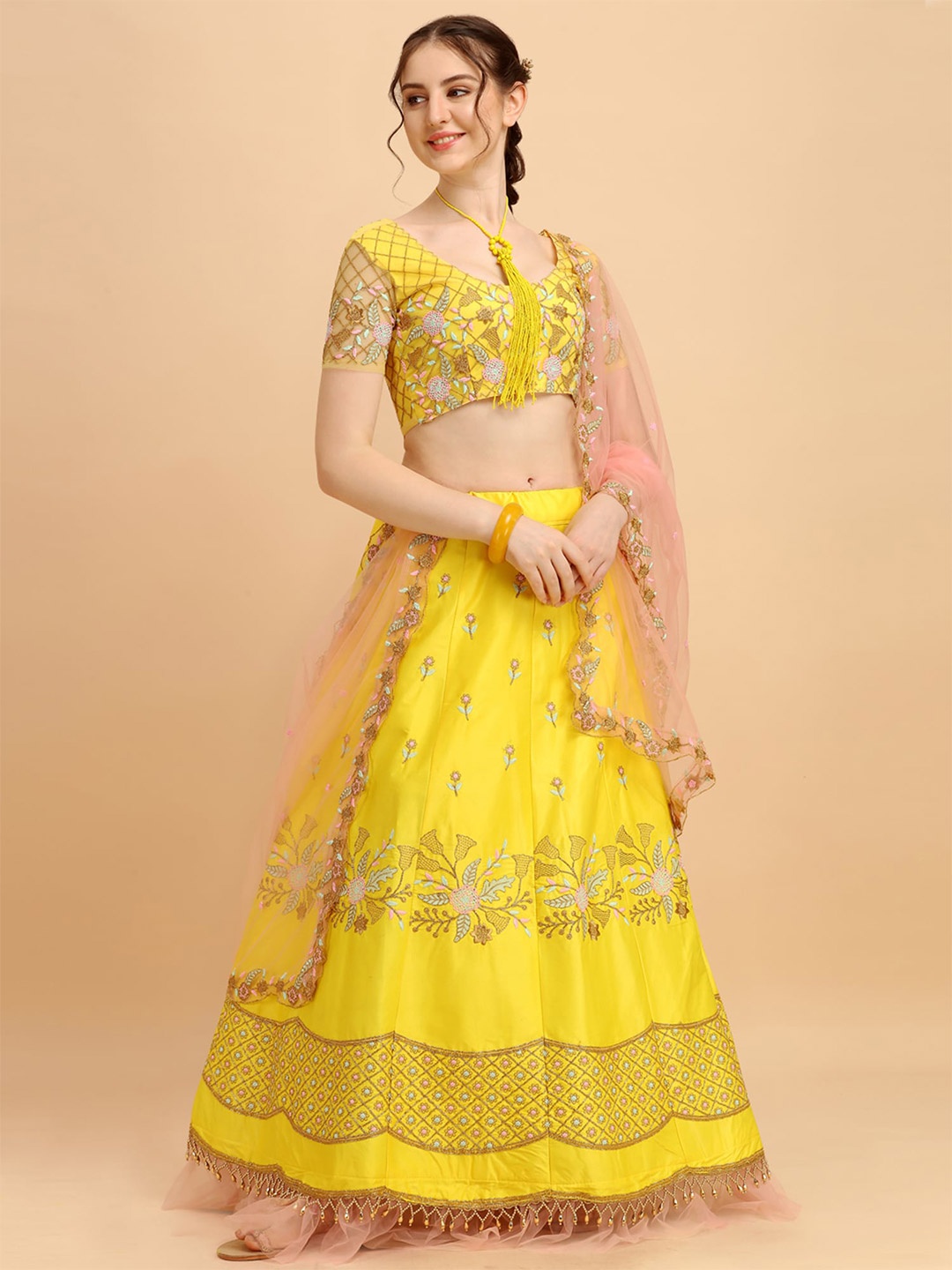 

Bhavyam Embroidered Thread Work Semi-Stitched Lehenga & Unstitched Blouse With Dupatta, Yellow