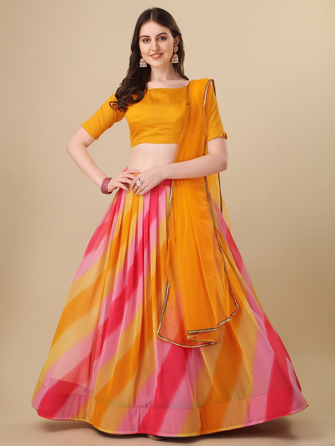

Bhavyam Striped Semi-Stitched Lehenga & Unstitched Blouse With Dupatta, Orange