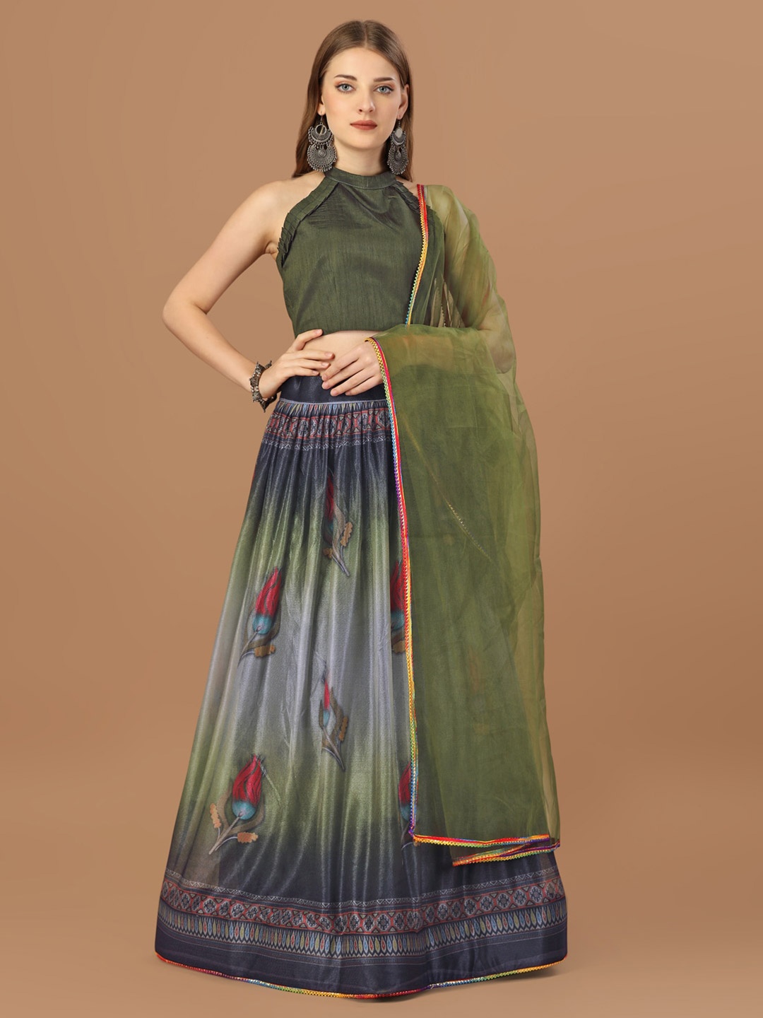 

Bhavyam Floral Printed Semi-Stitched Lehenga & Unstitched Blouse With Dupatta, Olive